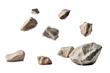 Assorted light grey and brown rocks,  various sizes and shapes, floating against a black background