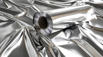 Aluminum Foil Roll: A roll of shiny aluminum foil partially unrolled, with detailed reflections and textures capturing the metallic sheen. 
