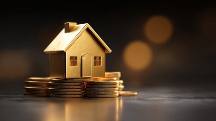 Modern wealth savings and financial growth. Golden house model on stacks of coins with a blurred background.