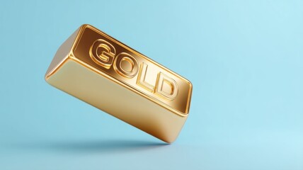 Modern wealth savings and financial growth. Gold bar with the word "GOLD" on a light blue background.
