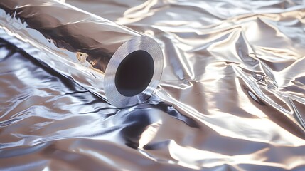 Aluminum Foil Roll: A roll of shiny aluminum foil partially unrolled, with detailed reflections and textures capturing the metallic sheen. 

