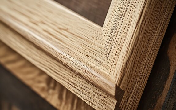 Textured wooden frame with light brown stain showcases natural wood grain in close up