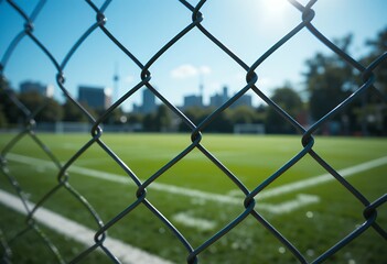 Cityscape Behind a Fence, Green Field and Blue Sky in Summer Atmosphere