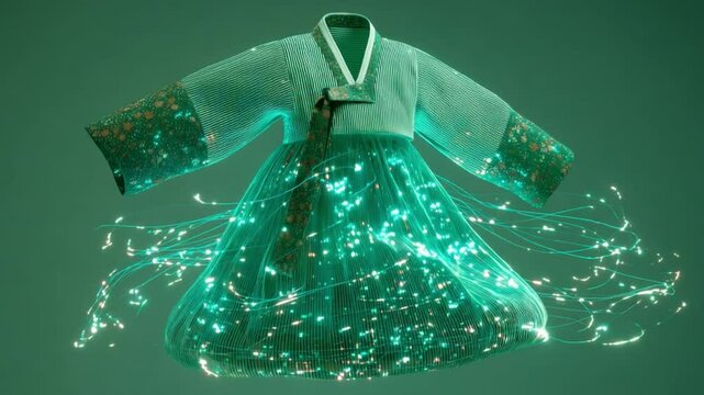 Glowing Hanbok: An elegant Hanbok, a traditional Korean dress, glows with ethereal, teal light, creating a magical and modern fusion of tradition and technology.