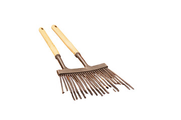 Dual-handled broom with a wide, dark brown bristle head, ideal for sweeping large areas efficiently