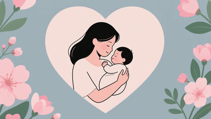 아기를 사랑스럽게 품은 어머니의 모습을 담은 고해상도 미니멀리스트 라인 아트 일러스트레이션(High resolution minimalist line art illustration of a mother lovingly holding her baby.)