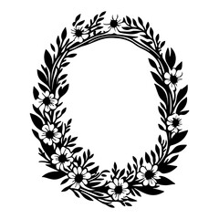 Elegant floral wreath illustration with intricate botanical details in black and white