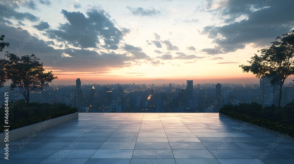 Poster 都市の夕暮れ 高層ビル群のパノラマ オレンジと黄色の空の下で輝くテラス 都市の景観が美しい日本の風景