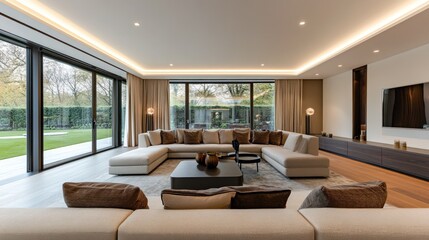 Modern open-plan living area with large windows overlooking a landscaped garden.  Beige sofas, dark coffee table, and wooden cabinetry.  Ambient lighting and minimalist design
