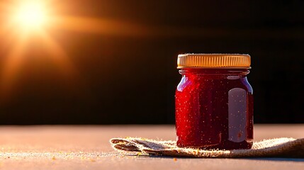Red Jam Jar on Rustic Burlap Cloth with Spoon and Crumbs in Warm Sunlight