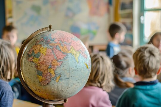 A classroom during a geography lesson with a globe and maps in view A teacher shows pictures of faraway places and tells stories about them The mood is curious and lively