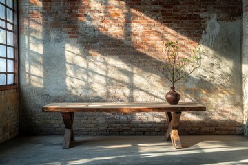Sunlight streams into a rustic room, highlighting a wooden table and a vase of blossoms against a brick wall