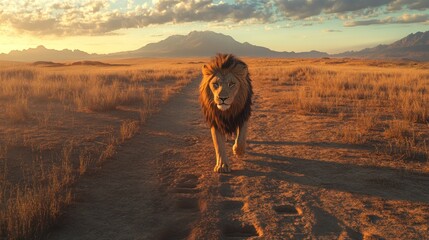 Lion walking in golden light