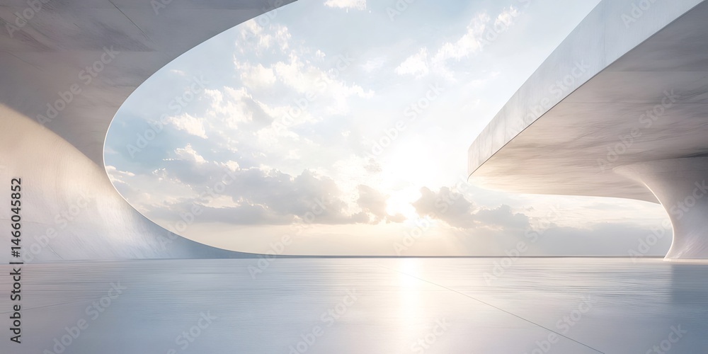 Poster 抽象的な未来的なコンクリート建築構造と明るい空 日光が当たり 床に水たまりがあるミニマルデザイン