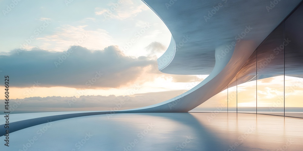 Poster 穏やかな海の背景にモダンな白い曲線の建物の夕暮れの眺めとソフトなピンクと水色の空