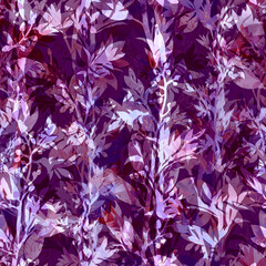 Seamless botanical pattern with leaves and flowers silhouettes and watercolor texture. Stylized leaves, soft contrast, repeating layout for surface design and textile use.