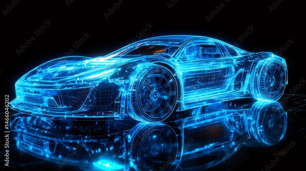 Aufkleber 輝く青い線と粒子で描かれた未来的な自動車の3Dレンダリング 黒の背景に反射する自動車のデザイン 自動車技術と革新を表現