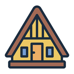 wooden house filled line icon for cabin in slow travel retreat