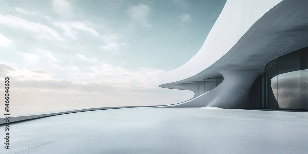 Poster 抽象的な白い近代建築物の外観と曲線のデザイン 天空を背景にしたテラスからの展望と静けさ ミニマルなデザインのランドマーク