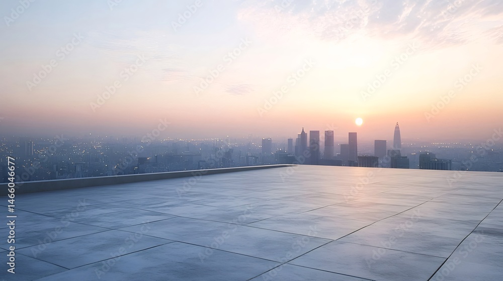 Poster 紫色の空と薄明光に照らされた高層ビル群の屋上の都市景観
