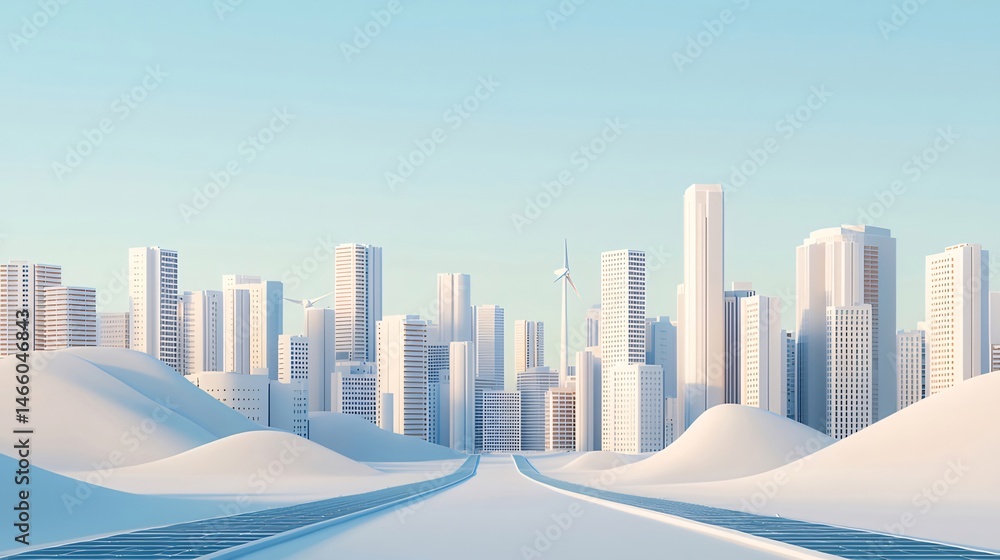Poster 水色の空を背景にした白いミニマリストの都市景観の3dレンダリング