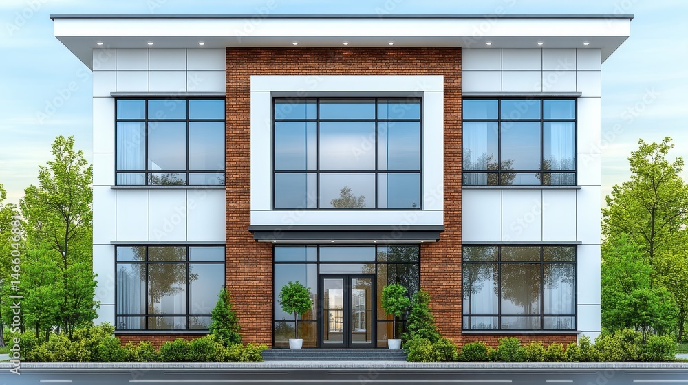 Poster modern architecture stylish facade two story building with large