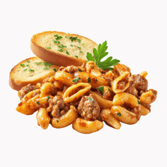 Fototapeta premium Delicious Pasta with Ground Meat and Garlic Bread