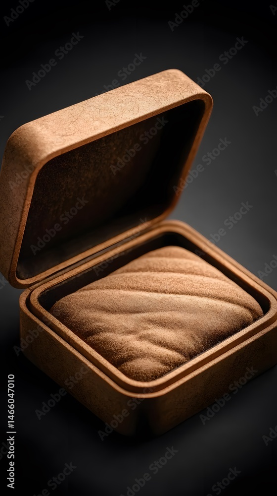 Poster brown textured square box with half open lid on dark background