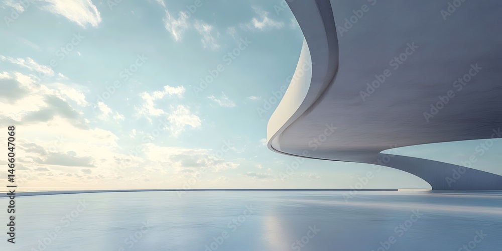 Poster 抽象的な建築の眺め モダンな曲線デザインとコンクリート構造 空と水面の背景を持つミニマルな白い建物 静かな雰囲気