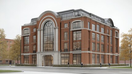 Fototapeta premium Classic Brick Building Facade Architecture Urban Scene with Larg