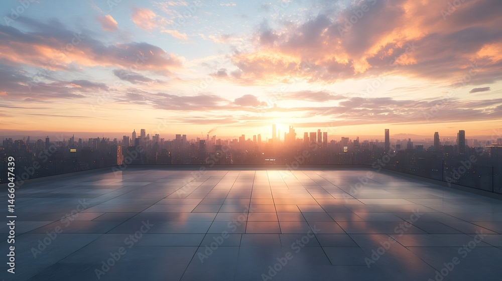 Poster 屋上からの活気に満ちた夕焼けの都市景観 薄いオレンジ色の雲とシルエットの高層ビル群が印象的な都市の夕暮れ時の眺め