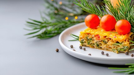 A festive slice of vegetable lasagna garnished with cherry tomatoes and pine sprigs, served on a white plate with black peppercorns.