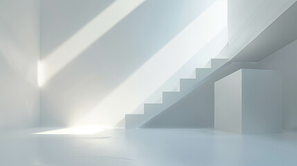 Obraz premium Minimalist white room interior with strong sunbeams casting long diagonal shadows