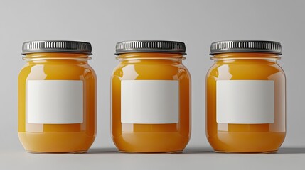 Apricot jam jar mock-up - three jars with blank labels for product packaging