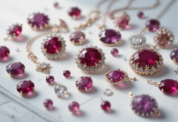 Collection of precious gemstones with ruby, diamonds, and opulent gold jewelry display.
