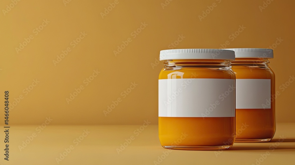 Poster mock-up of an apricot jam jar with a blank label for product branding and packaging