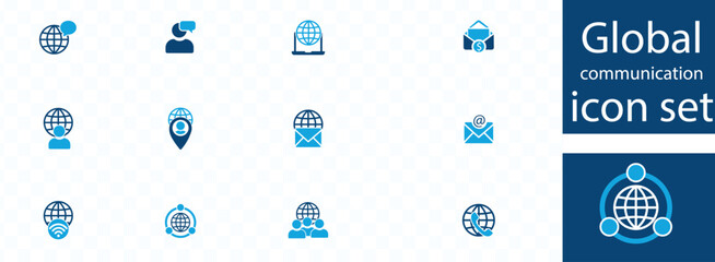 Global communication icon set. Communicate worldwide with people concept. International network with talking person symbol.