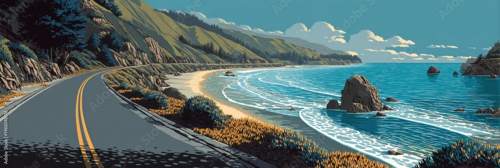 Poster Coastal Highway Adventure Along a Serene Beach With Waves and Rocky Cliffs Under a Clear Blue Sky Generative AI