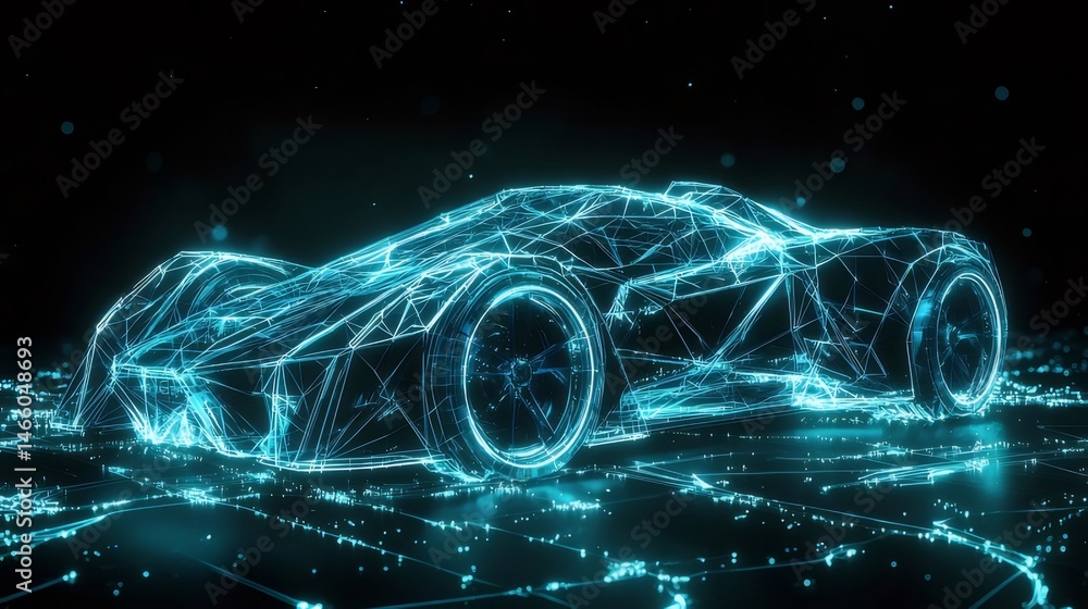 Poster 青いデジタル線で表現された未来的な車の抽象的なイメージ テクノロジーとイノベーションの概念を示す暗い背景