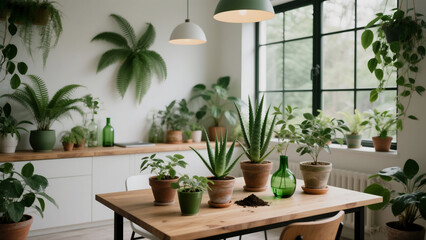 Bright Indoor Garden with Potted Plants on Wooden Table and White Walls