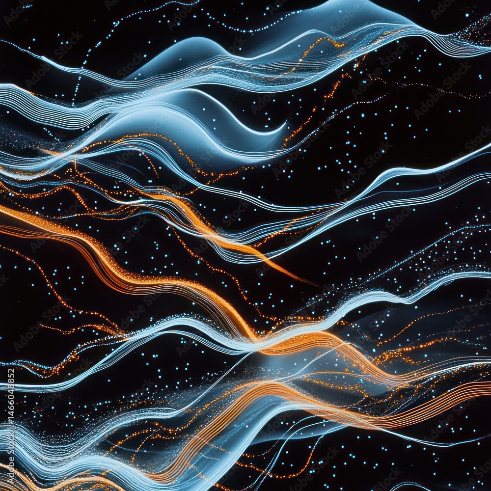 Poster abstract digital art with flowing lines of light blue and orange, dotted with shimmering particles a