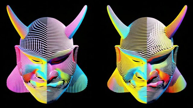 Colorful Oni Mask Art: A captivating and modern art piece featuring a pair of Oni masks with a vibrant and psychedelic color palette, creating a striking visual experience.