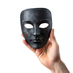 Hand wearing or removing a mask. Villain, fraudster, impersonator image Isolated White Background
