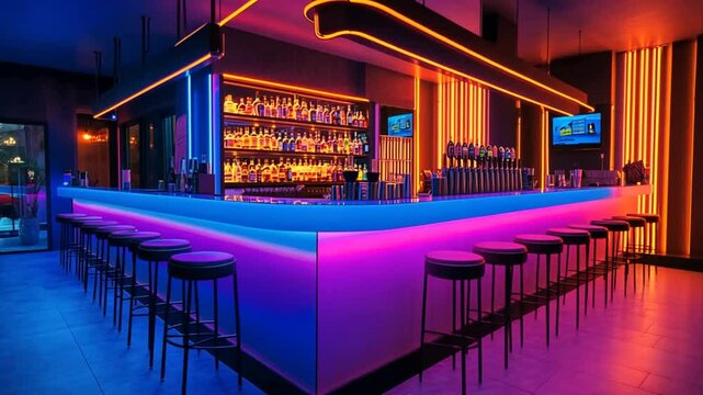 Neon lit bar interior with vibrant blue pink and orange lighting creating a modern nightlife ambiance