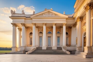 Obraz premium A grand yellow mansion featuring a spacious porch and stone foundation.