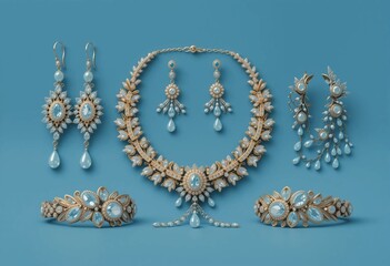 Elegant vintage-inspired jewelry collection with crystals and gemstones on a blue background.
