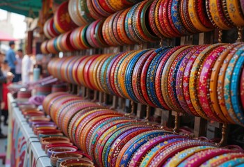 Colorful handmade bangles displayed in a traditional market stall in India and Southeast Asia.
