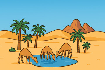 Desert oasis illustration depicts three camels drinking from a clear pool, surrounded by stylized palm trees on sandy terrain. Simple mountains rise in the background under a bright blue sky.