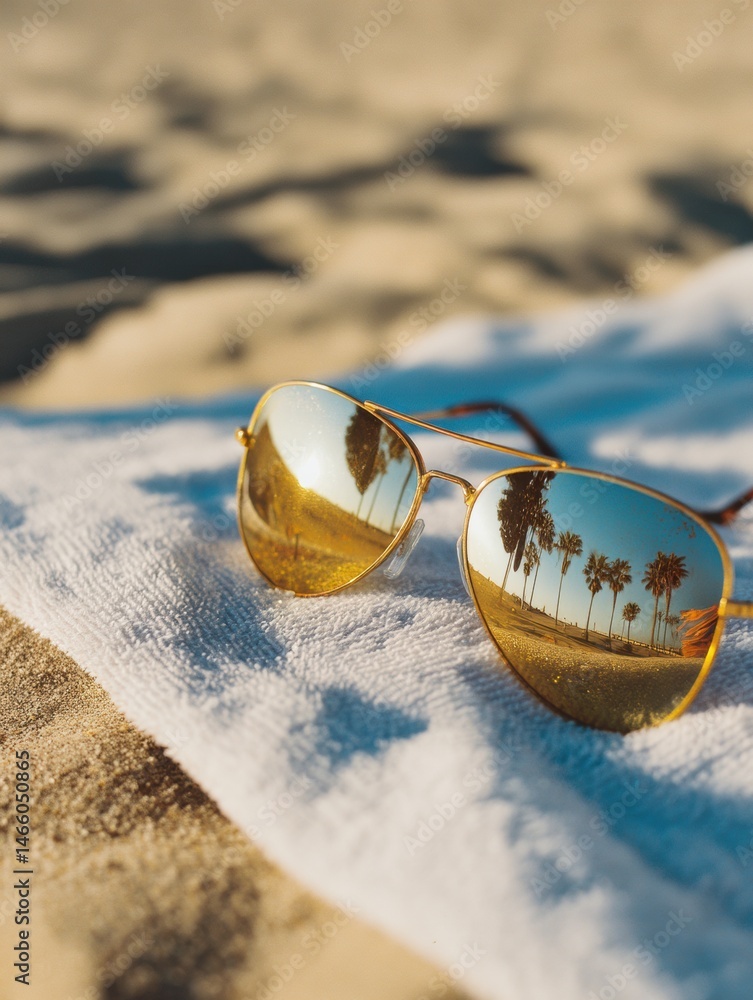 Poster sunglasses resting on sandy towel reflecting palm trees under bright sun generative ai
