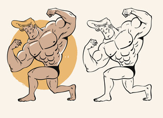 Cartoon bodybuilder character in vintage hand drawn style
